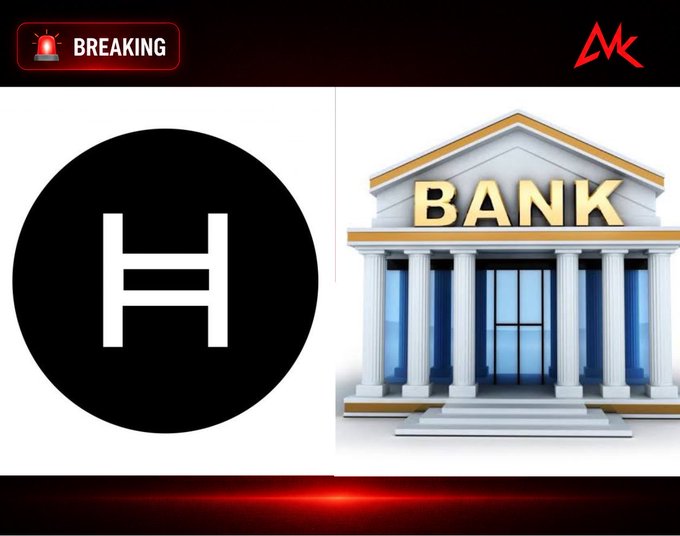 The image displays a breaking news graphic featuring the Hedera (HBAR) logo alongside an illustration of a classical bank building, with a "BREAKING" alert banner in the top left corner, visually reinforcing the news that banks continue to adopt Hedera's enterprise-grade blockchain network, which is governed by major corporations like Google, IBM, Deutsche Telekom, and FedEx, with Taurus recently completing an 18-month integration to add HBAR custody and staking services.