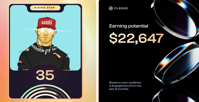 A two-panel promotional graphic: the left shows a 'Rising Star' collectible card featuring a character in a red 'Saints' cap (rated 35), and the right displays 'Earning potential $22,647' based on audience and engagement for the CLASHO platform.