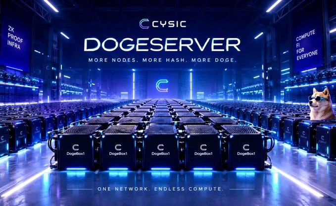 A promotional graphic for "CYSIC DOGESERVER" featuring rows of DogeBox1 compute units in a futuristic data center, with text reading "MORE NODES. MORE HASH. MORE DOGE." and "ONE NETWORK. ENDLESS COMPUTE." alongside a Shiba Inu dog wearing sunglasses.
