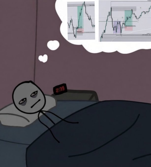 A tired stick figure lies awake in bed at 2:39 AM, unable to sleep as their mind races with thoughts of trading charts, perfectly capturing the obsession of being hooked on the markets and unable to stop analyzing price action. The image humorously illustrates how once you're deep into trading, the charts haunt you even at night, making rest impossible.