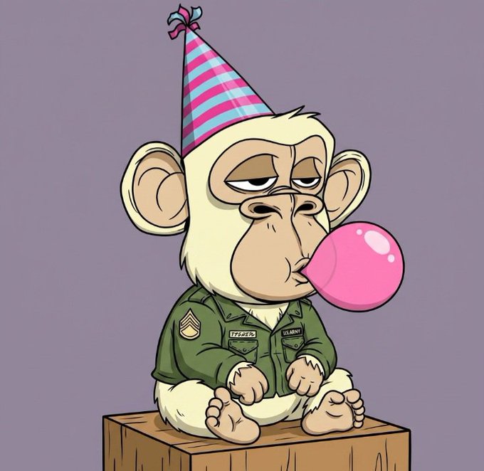 A cartoon illustration of a tired-looking monkey dressed in a military uniform, wearing a striped party hat and blowing a pink bubblegum bubble.