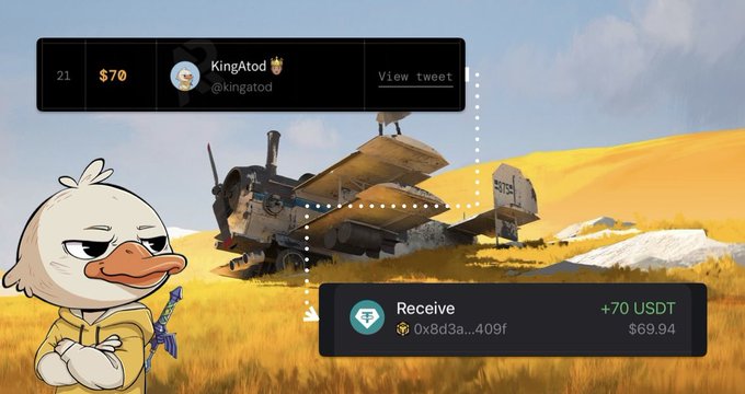 A screenshot featuring a cartoon duck character and a crashed airplane in a desert, with a tweet from KingAtod (@kingatod) showing '$70' earnings and a crypto notification indicating a Receive of +70 USDT ($69.94) to a wallet address.