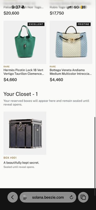 A mobile screenshot from solana.beezie.com showing luxury items including a Hermès Picotin Lock 18 Vert Vertigo ($4,660) and Bottega Veneta Andiamo ($4,460), along with 'Your Closet - 1' showing Box #001 sealed.