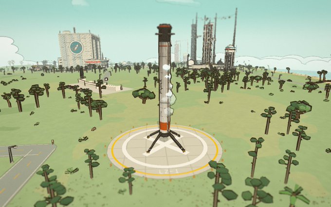 A 3D virtual environment showing a tall rocket-like tower on a circular landing pad, surrounded by stylized trees and futuristic buildings in a cartoonish landscape.