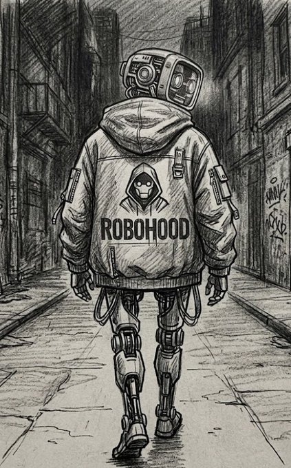 A pencil sketch depicts a robot with a camera for a head walking down an urban alley, wearing a jacket with the logo and text 'ROBOHOOD' on the back.