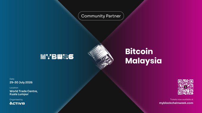 Promotional banner for 'MBWS 2026' and 'Bitcoin Malaysia' as a Community Partner, with event details (29-30 July 2026, World Trade Centre, Kuala Lumpur) and a QR code linking to myblockchainweek.com.