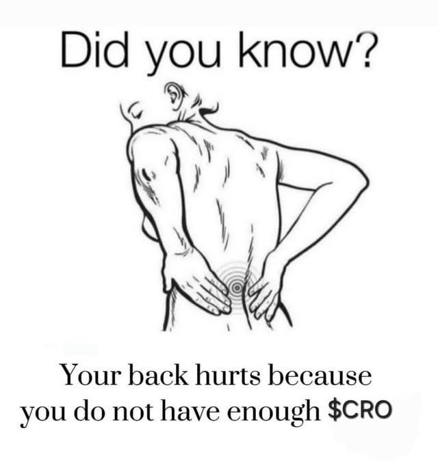 The image features a black and white illustration of a person's back with a caption below it stating "Your back hurts because you do not have enough CRO". The caption also mentions that Cronos offers low fees, staking rewards, and exchange perks for users who invest in Cronos.