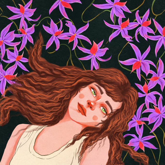 An illustration features a young woman with flowing auburn hair and green eyes wearing a cream tank top, surrounded by purple flowers against a dark background.
