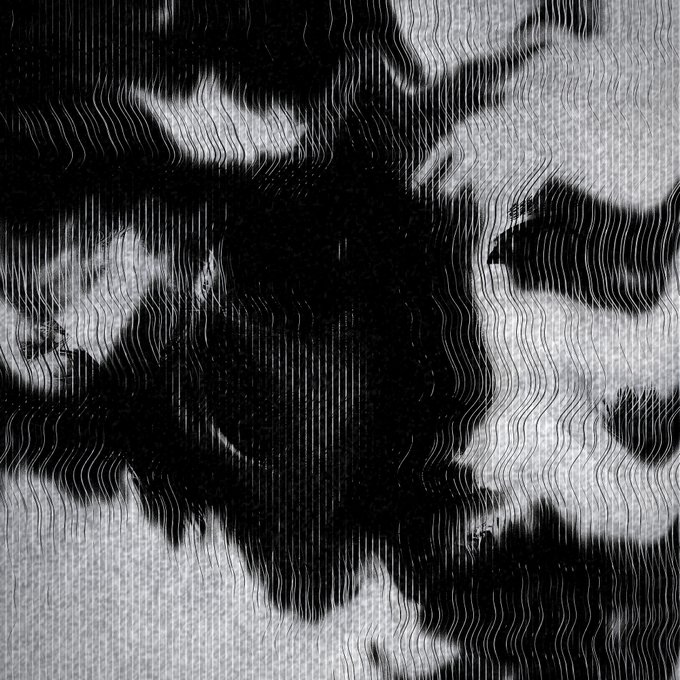 A high-contrast black-and-white abstract image featuring wavy vertical lines and distorted, smoky forms that create a glitch-like, rippled visual effect.