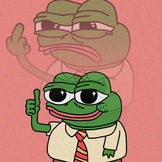 In the image, there are two cartoon frog characters with very distinct appearances - one being green with a big smile on its face and giving a thumbs-up sign, while the other is pale blue with sad eyes, pointing at itself. The green character appears to be an anthropomorphized frog wearing a suit and tie, suggesting that it might be a businessman or an important figure in some way. On the pink background, there's text that says "They will all buy at the price they deserve or watch the rest of us enjoy the ride." This message seems to convey that the two frog characters are representing opposing sides of an ongoing battle for superiority and control.