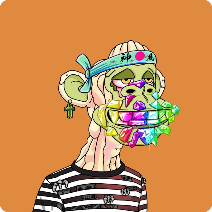 A cartoonish NFT-style illustration of a pale monkey-like character with rainbow gemstone teeth, a teal headband with Japanese characters, a cross earring, and a black-and-white striped shirt against an orange background.