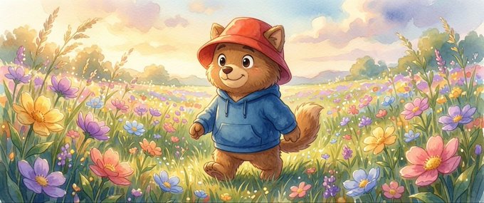 Watercolor-style illustration of a cute anthropomorphic cat wearing a red bucket hat and blue hoodie, walking through a vibrant field of wildflowers at sunset.