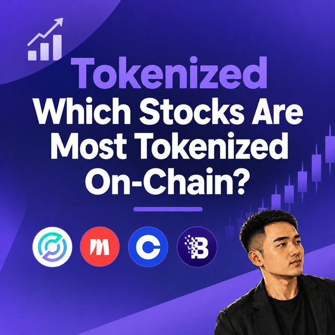 A purple promotional image titled 'Tokenized: Which Stocks Are Most Tokenized On-Chain?' featuring a man in a black jacket alongside four cryptocurrency token logos.