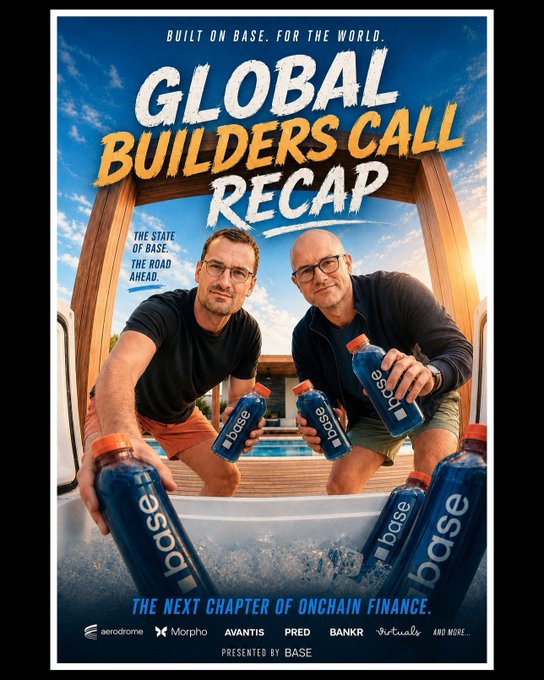 A promotional poster titled 'GLOBAL BUILDERS CALL RECAP' featuring two men kneeling by a pool or hot tub, holding blue 'base' branded water bottles. The poster includes text 'THE NEXT CHAPTER OF ONCHAIN FINANCE' and lists partners including Aerodrome, Morpho, AVANTIS, PRED, BANKR, and Virtuals.