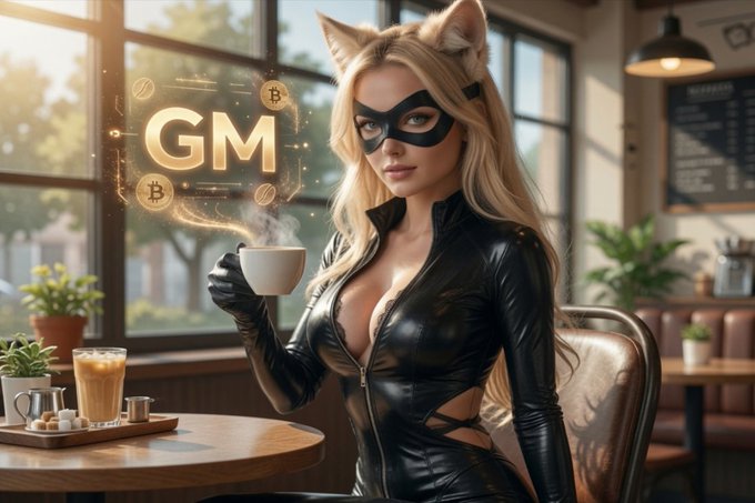 A digital illustration of a blonde woman in a black leather cat suit and mask with cat ears, sitting at a cafe table holding a steaming coffee cup, with a holographic "GM" cryptocurrency sign nearby.
