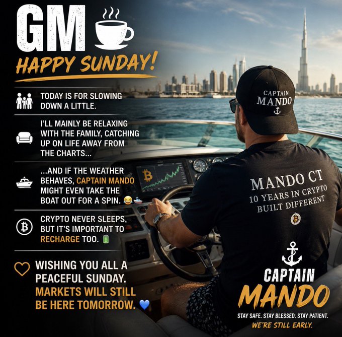 A 'Happy Sunday!' graphic featuring 'Captain Mando' on a boat with the Dubai skyline behind him, promoting 'MANDO CT' crypto with text advising to relax, recharge, and noting 'We're still early'.