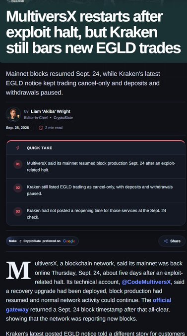 A screenshot of a news article from Cointelegraph titled "MultiversX restarts after exploit halt, but Kraken still bars new EGLD trades," written by Liam 'Akiba' Wright on Sep. 25, 2026, with a quick take summarizing the main points about the MultiversX mainnet resuming block production and Kraken's ongoing trading restrictions.