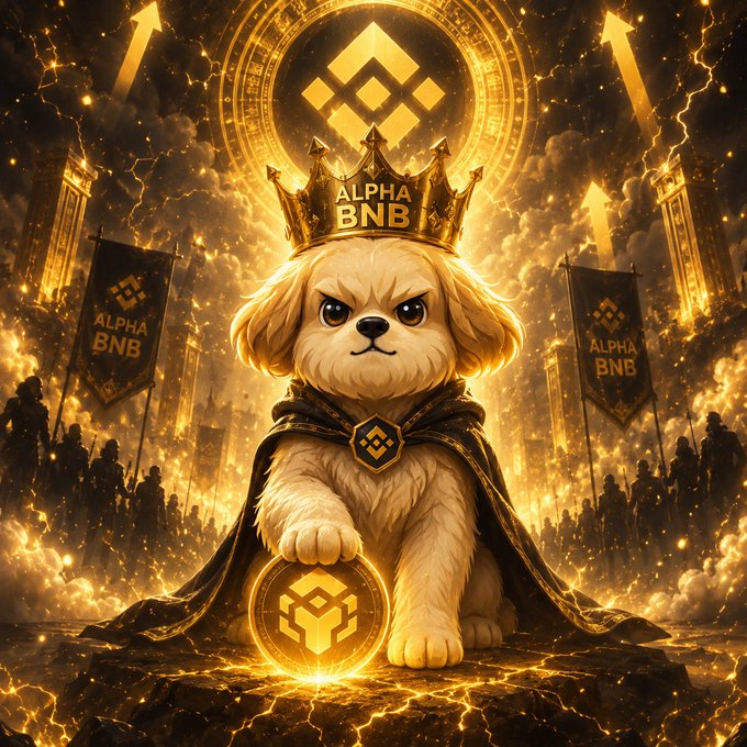A fantastical, glowing golden illustration depicts a golden retriever puppy wearing a crown and cape labeled 'ALPHA BNB,' sitting with a BNB coin amid banners and a digital army.