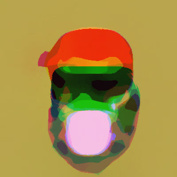 A distorted, heavily filtered digital artwork of a green face wearing a red cap against a mustard yellow background, with a pink shape covering the mouth area.