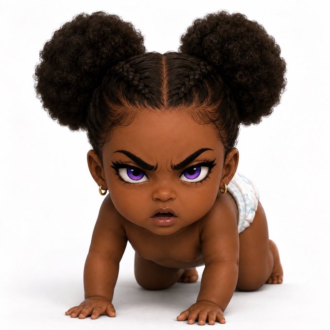 A 3D-rendered character of a baby girl with dark skin and large purple eyes, styled with braided hair in two afro puffs and gold hoop earrings, crawling on a white surface and giving an angry expression.
