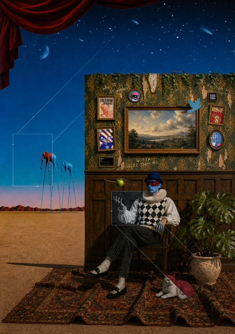 A surreal scene features a blue-faced figure in an argyle sweater and hat seated in a room with patterned wallpaper, surrounded by eclectic decor including framed signs reading "FREEDOM," "OPEN YOUR EYE," and "USA 1776," while giraffes and cosmic elements appear in the desert landscape beyond. The artwork's eclectic, symbolic style—with its rich textures and dreamlike composition—evokes the layered meaning and artistic appreciation expressed in the accompanying post about an "Open Source" NFT drop.