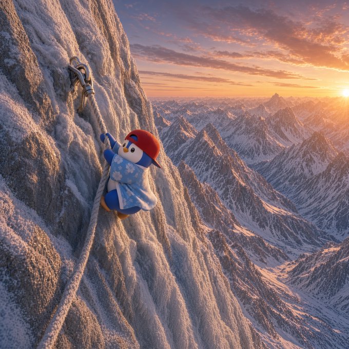 A digitally created scene depicting a penguin-like character wearing a red helmet and blue patterned outfit rock climbing on a snowy mountain face at sunset, with dramatic peaks in the background.