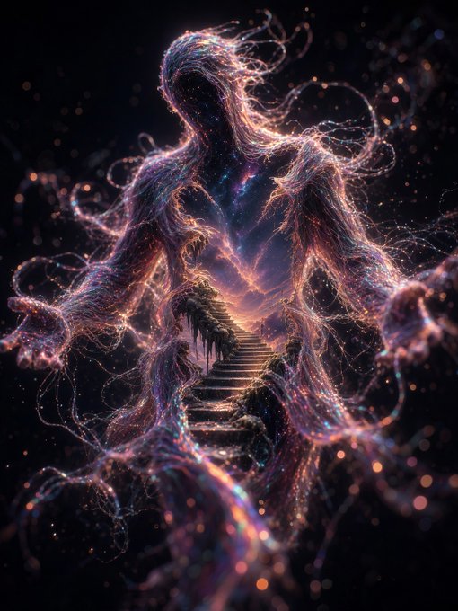 A digital art piece depicting a humanoid figure formed from glowing, ethereal strands of purple, orange, and pink light, holding a central staircase ascending toward a bright light within its torso.