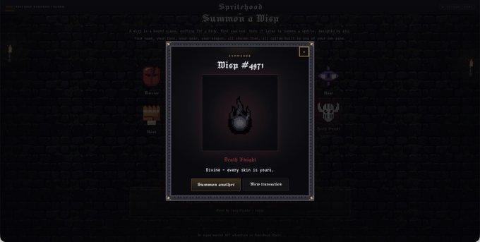The screenshot shows a Sprithood game interface displaying "Wisp #4971," a Death Knight spirit with the ability to curse enemies' skin to hurt them. The image relates to the post by showcasing one of the many Enhanced Wisps minted in the Sprithood blockchain game, highlighting the player's collection.
