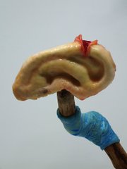 A hand wearing a blue glove holds up what appears to be a brain-shaped pastry or hot dog bun with a red garnish on top, set against a plain light background.