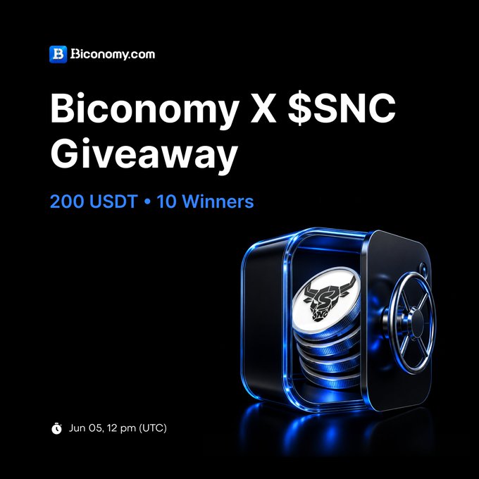 The image features a blue glass box with three coins inside of it, which are black and white. The text "BICONOMY X $SNC GIVEAWAY" is displayed above the box, along with the words "200 USDT Winners". The background of the image is black, making the coins stand out prominently.
