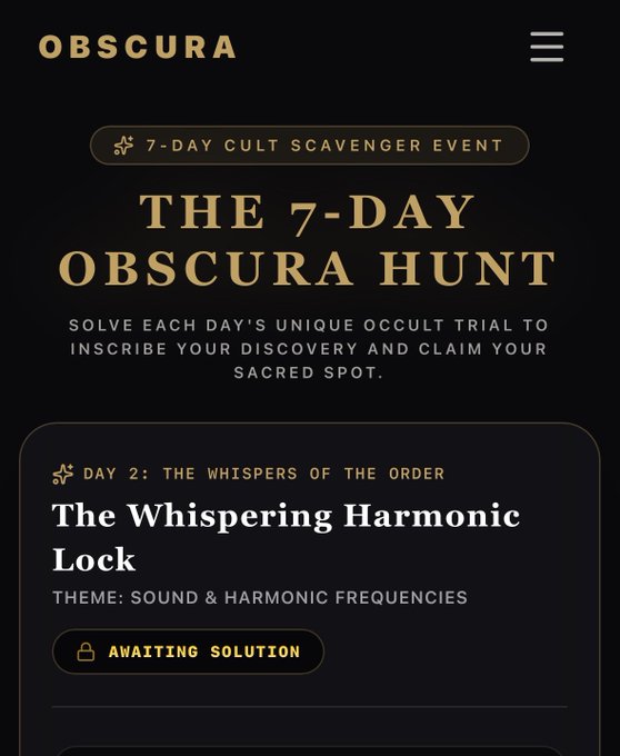 The image displays the "OBSCURA" branded interface for Day 2 of a "7-Day Cult Scavenger Event," specifically featuring "The Whispering Harmonic Lock" themed around sound and harmonic frequencies, with a status indicating it is "Awaiting Solution." This directly corresponds to the post's Day 2 announcement, where the accompanying "Delta wave = 2" clue serves as the sole hint to unlock this particular trial.