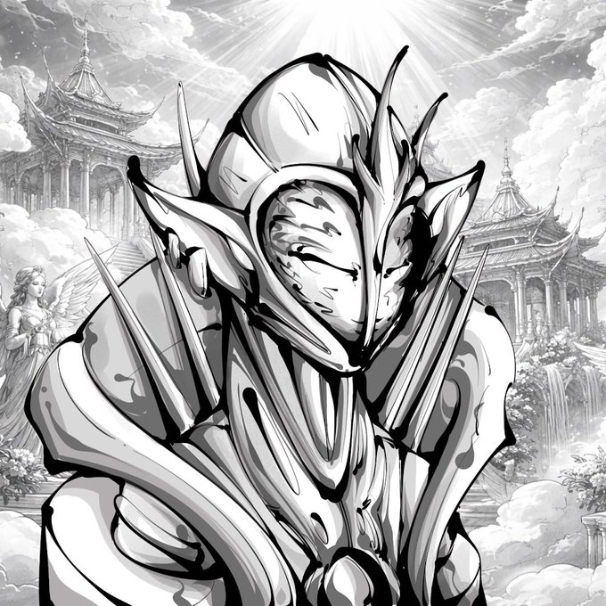 A black and white illustration of an armored knight with a spiked helmet, set against a fantasy background with pagodas, an angel, and dramatic lighting.