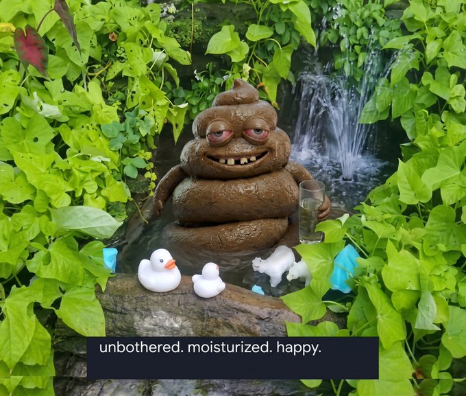A garden scene featuring a humorous poop emoji statue sitting in a pond next to a small waterfall, holding a glass, with rubber ducks floating nearby, captioned 'unbothered. moisturized. happy.'