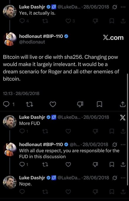 Screenshot of a Twitter/X conversation between Luke Dashjr (@LukeDa...) and hodlonaut #BIP-110 (@hodlonaut) from June 2018 debating Bitcoin's SHA-256 proof-of-work and accusations of FUD.