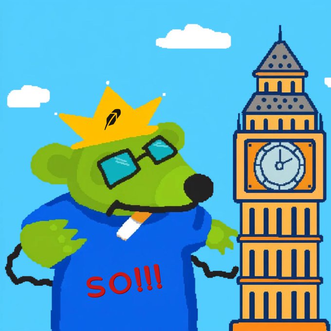 A pixel-art green bear wearing a crown and sunglasses, smoking a cigarette, stands next to Big Ben with the word "SO!!!" written on its blue shirt.