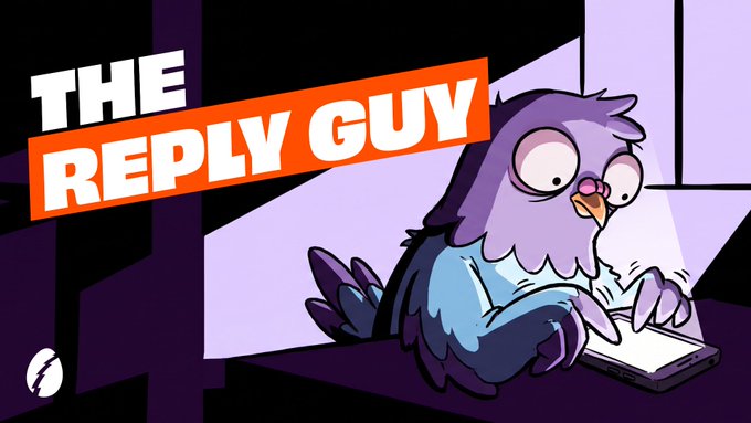 A cartoon owl with wide, manic eyes is hunched over a laptop typing furiously in a dimly lit purple room, accompanied by bold text reading "THE REPLY GUY," visually capturing the unhinged energy of an internet troll crafting their next cringeworthy comeback tweet.