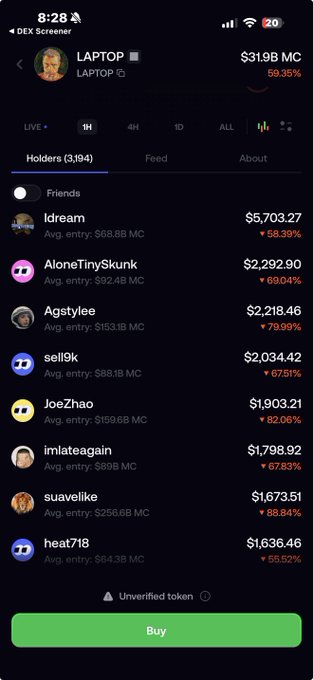A mobile DEX Screener interface showing the $LAPTOP token with a $31.9B market cap (up 59.35%), listing top holders including 'Idream' ($5,703.27) and 'AloneTinySkunk' ($2,292.90).