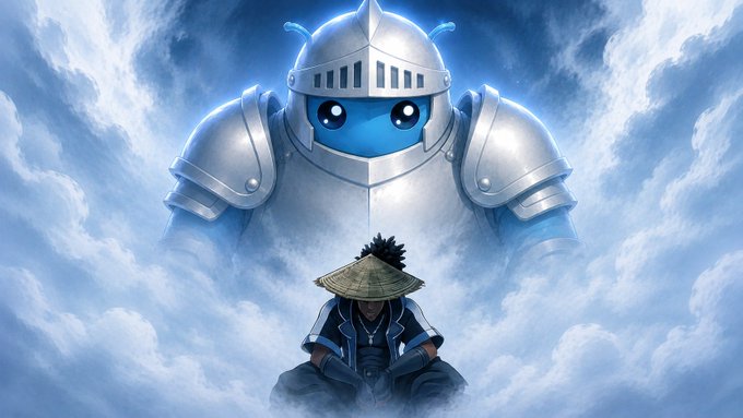 Digital artwork depicting a young warrior in a conical hat sitting beneath a giant blue armored creature emerging from clouds, evoking a samurai and oni theme.