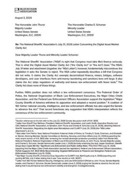 A letter from Blockchain Capital dated August 8, 2025, addressed to The Honorable John Thune and The Honorable Charles E. Schumer, opposing the Digital Asset Market Clarity Act.