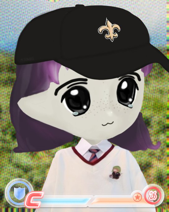 A cartoon-style character with large eyes and purple hair wearing a black Saints (NFL team) cap with the fleur-de-lis logo and a white collared shirt with a tie.