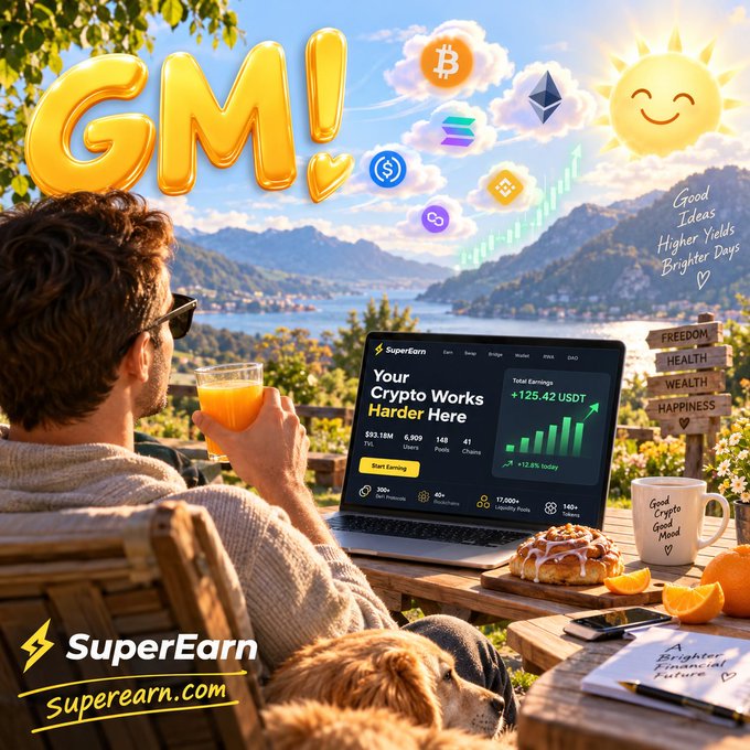 A promotional image for SuperEarn.com featuring a man with a dog overlooking a lake while holding orange juice, with floating cryptocurrency logos, "GM!" balloons, and the laptop showing "Your Crypto Works Harder Here" with earnings of +125.42 USDT.