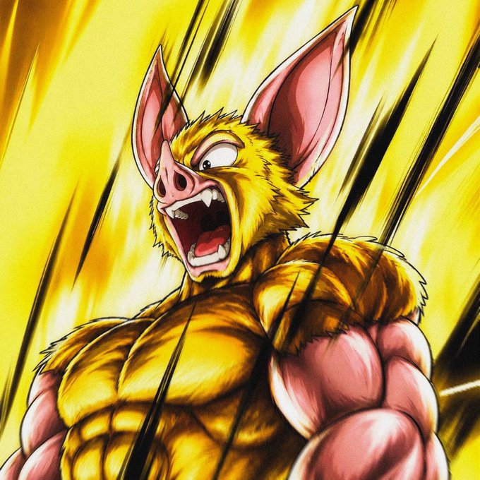 A muscular anthropomorphic pig-bat hybrid creature with yellow fur roars aggressively against a dramatic yellow radial background.