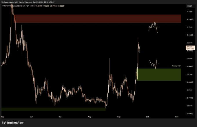 A TradingView chart of $SUI/USDT on Binance shows a sharp upward expansion with a weekly candle lacking a lower wick near the 0.97 price level, sitting just below a red supply zone around 1.17–1.19 and above a green weekly demand area near 0.82–0.87, with hand-drawn arrows highlighting the breakout zone and the next support level to watch.