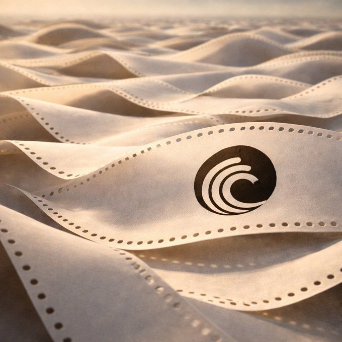 A surreal landscape of wavy white perforated paper sheets with a black circular swirl logo on one of the sheets.