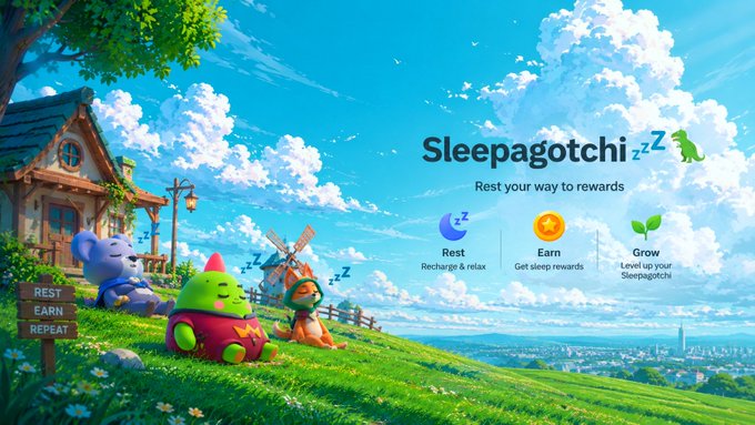 Vibrant promotional banner for "Sleepagotchi" featuring cute cartoon characters resting in a green meadow with a cottage, highlighting "Rest, Earn, Grow" mechanics.
