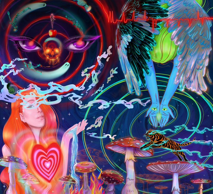 A vibrant digital artwork featuring mystical and surreal imagery—including a red-haired figure with a glowing heart, an inverted angel with cyan wings, mushrooms, a tiger, a skull with purple eyes, and a red EKG-like pulse line. The accompanying post references TransientLabs, a platform for AI-generated NFTs, where artists often share and quote their generative works.