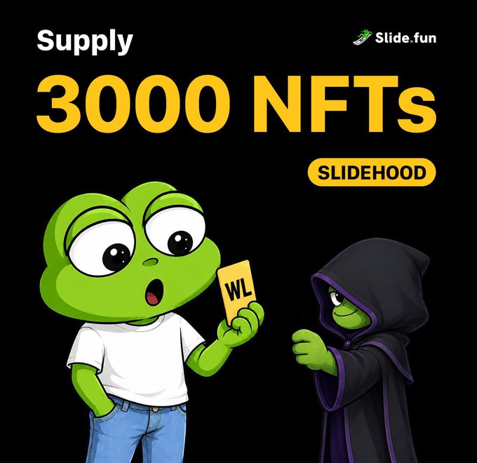 The promotional image for the Slide.fun × Robinhood NFT giveaway announces a "Supply 3000 NFTS" launch of the SLIDEHOOD collection, featuring two cartoon frogs—one holding a "WL" (whitelist) card and another wearing a black hooded cloak—visually representing the limited whitelist opportunity for Slide.fun's first NFT collection on Robinhood Chain.