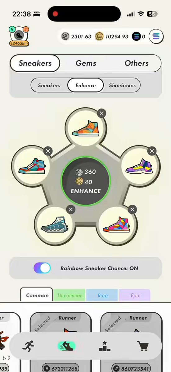 The image shows a phone screen displaying an app called "Rainbow Sneaker Choice On", which allows users to choose their preferred sneakers from five different styles, including running shoes, basketball shoes, and casual shoes. The app also provides options for customization such as color, size, and material preferences.