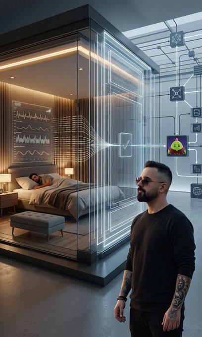 A futuristic scene shows a tattooed man with sunglasses standing in a sleek room with glowing blue tech interfaces, while another person sleeps in a transparent glass pod bed displaying health monitoring graphs.