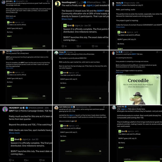 A collage of X (Twitter) posts from various Key Opinion Leaders (KOLs) promoting Grvt ($GRVT), highlighting its July 21 launch date, $300 FDV pre-market value, and 2 Points campaign—aligning with the caption's criticism that Grvt heavily relies on paid KOL promotions while concealing the "paid promotion" tag.